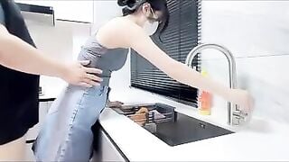 Chinese housewife fucked to a creampie while doing the dishes