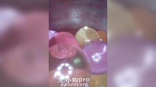 Cận cảnh cho cam vào bên trong lồn bự của PuppyPro chứa đầy bi sextoy dâm dục